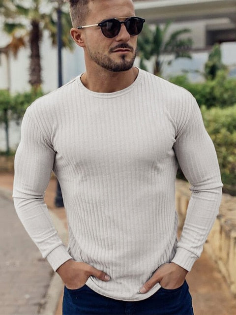 Ribbed Knit O Neck Men Slim Fit Pullover