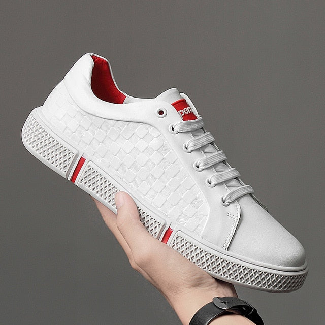 Genuine Leather Checkered Embossed Lace Up Men Sneaker