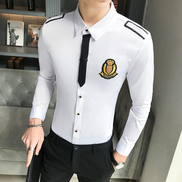 Military Look Men Tie Accent Epaulets Shirt