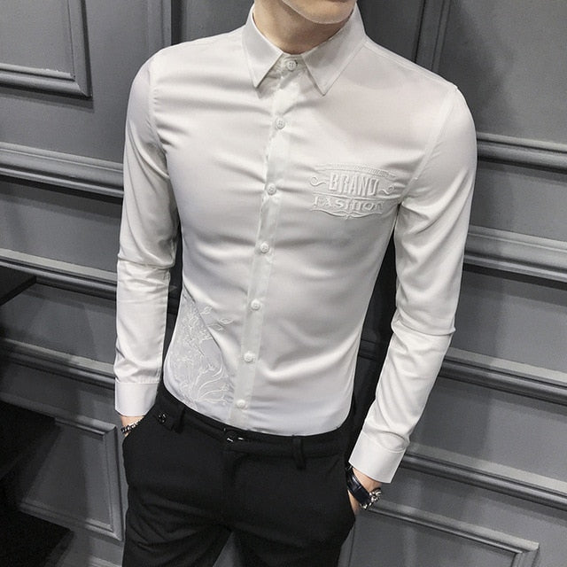 Solid Color with Embroidery Details Long Sleeve Casual Slim Fit Men Shirts