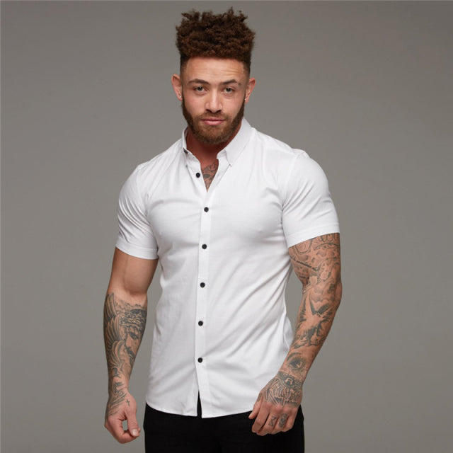 Solid Short Sleeve Polyester Men Shirt