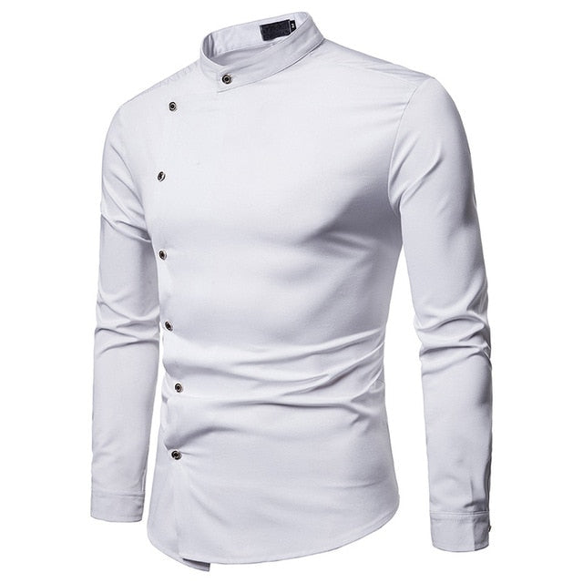 Solid White and Black Oblique Button Mandarin Collar Style Men Long Sleeve Shirt