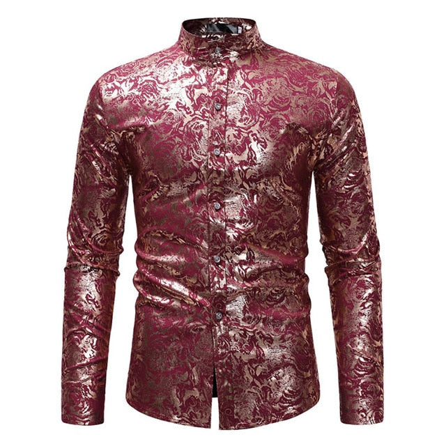 Gold Floral Bronzing Long Sleeve Men Shirt