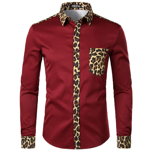 Mixed Leopard Print Pocket Men Long Sleeve Shirt