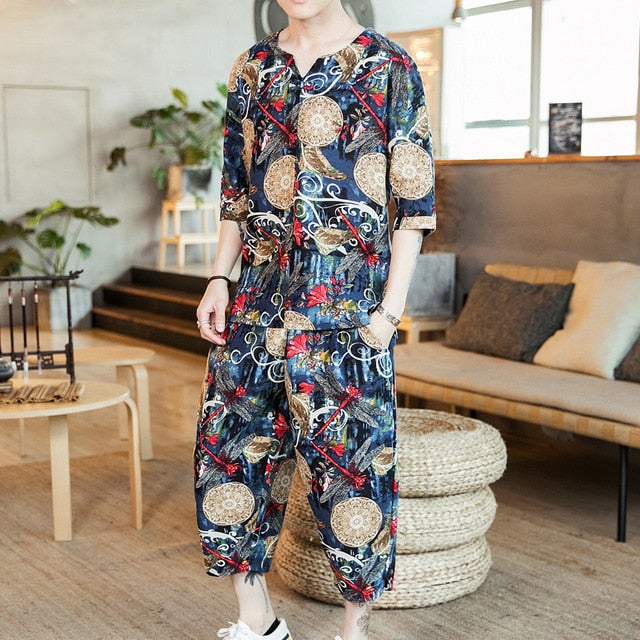 Chinese Vintage Style Summer Streetwear Vintage Design Men Shirt Set - FanFreakz