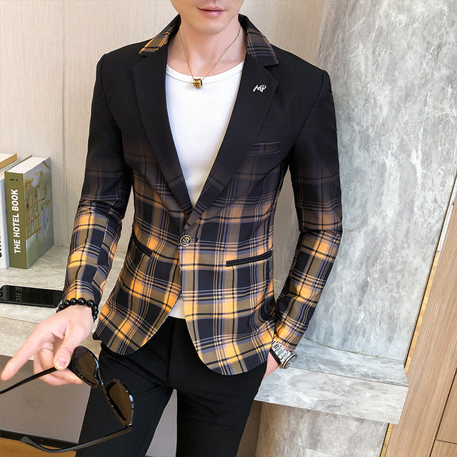 Business Clothing British Style Plaid Blazer for Men