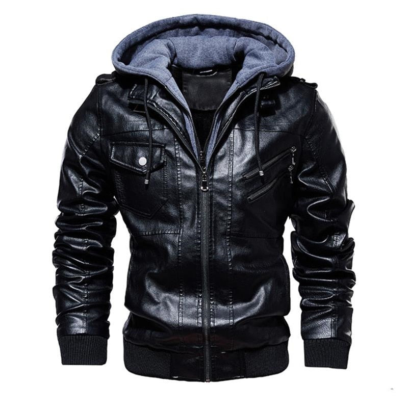 PU Leather Solid Color Zipper Closure Hoodie