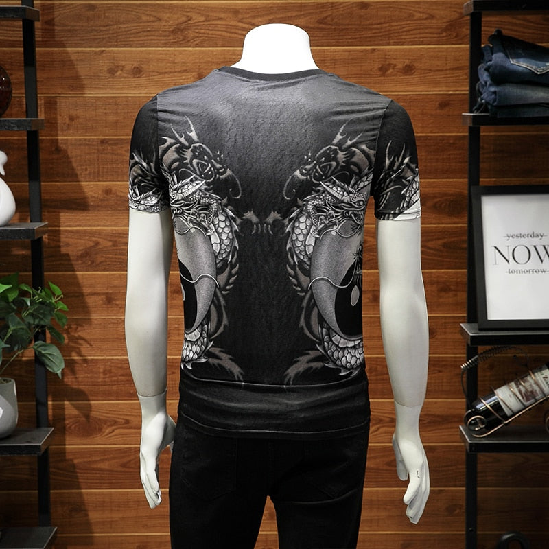 Double Dragons Chinese Style Printing Men T-Shirt