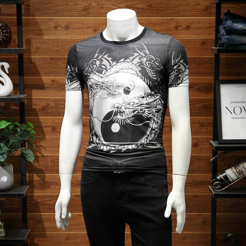 Double Dragons Chinese Style Printing Men T-Shirt