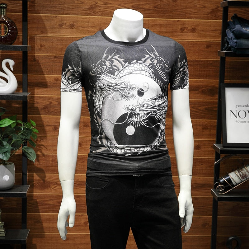 Double Dragons Chinese Style Printing Men T-Shirt