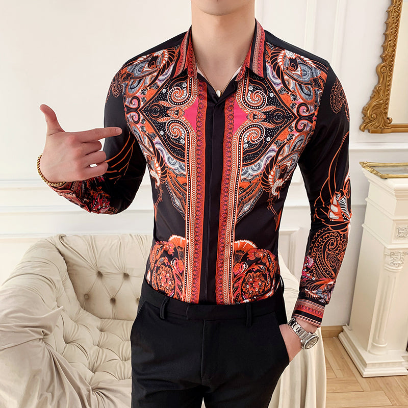 Vintage Twirl and Geometric Print Long Sleeves Slim Fit Style Men Shirts