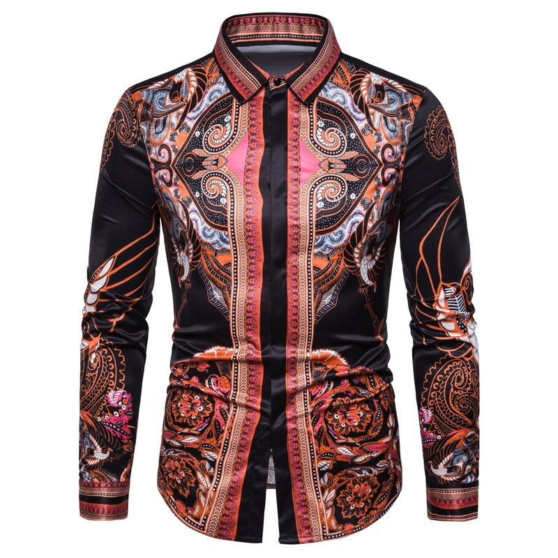 Vintage Twirl and Geometric Print Long Sleeves Slim Fit Style Men Shirts