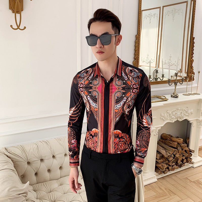 Vintage Twirl and Geometric Print Long Sleeves Slim Fit Style Men Shirts