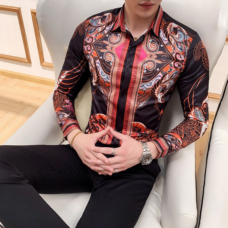 Vintage Twirl and Geometric Print Long Sleeves Slim Fit Style Men Shirts