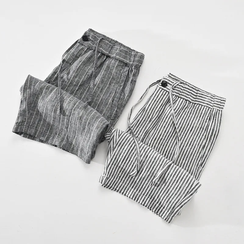 Striped Pure Linen Elastic Waist Shorts