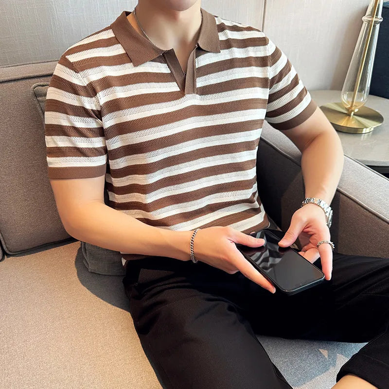 Striped V-Cut Short Sleeve Polo Shirt