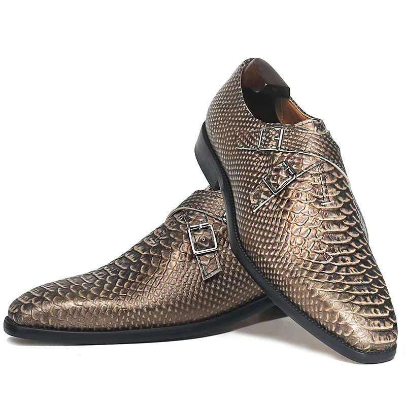 Snake Print Two Buckle Strap Shoes