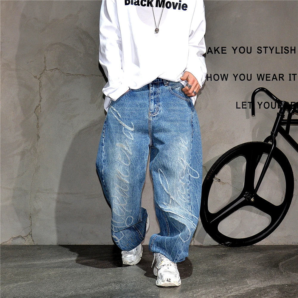Cursive Script Embroidery Wide Leg Jeans