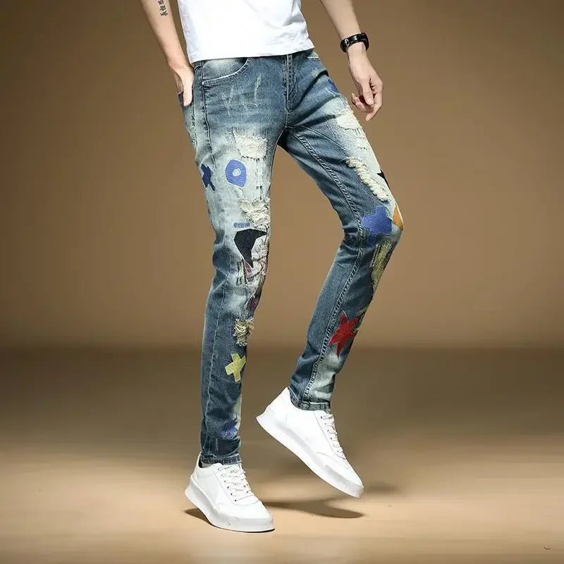 Fashion Embroidery Patchwork Washed Jeans