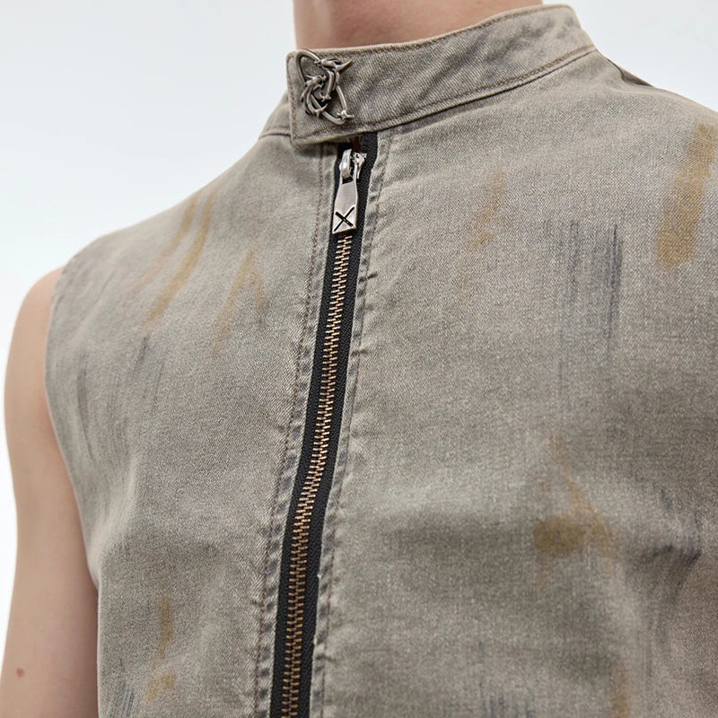 Zipper Stand Collar Casual Denim Vest