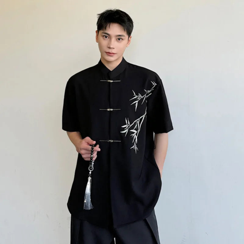 Chinese Style Embroidery Solid Color Shirt