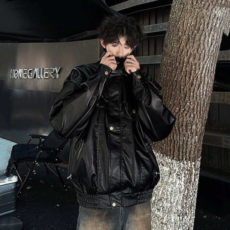 Black Solid Color PU Leather Jacket