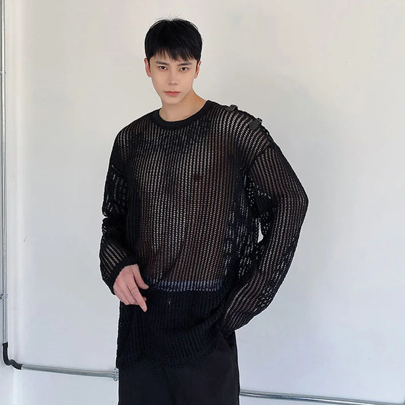 Mesh Round Neck Long Sleeve T-Shirt