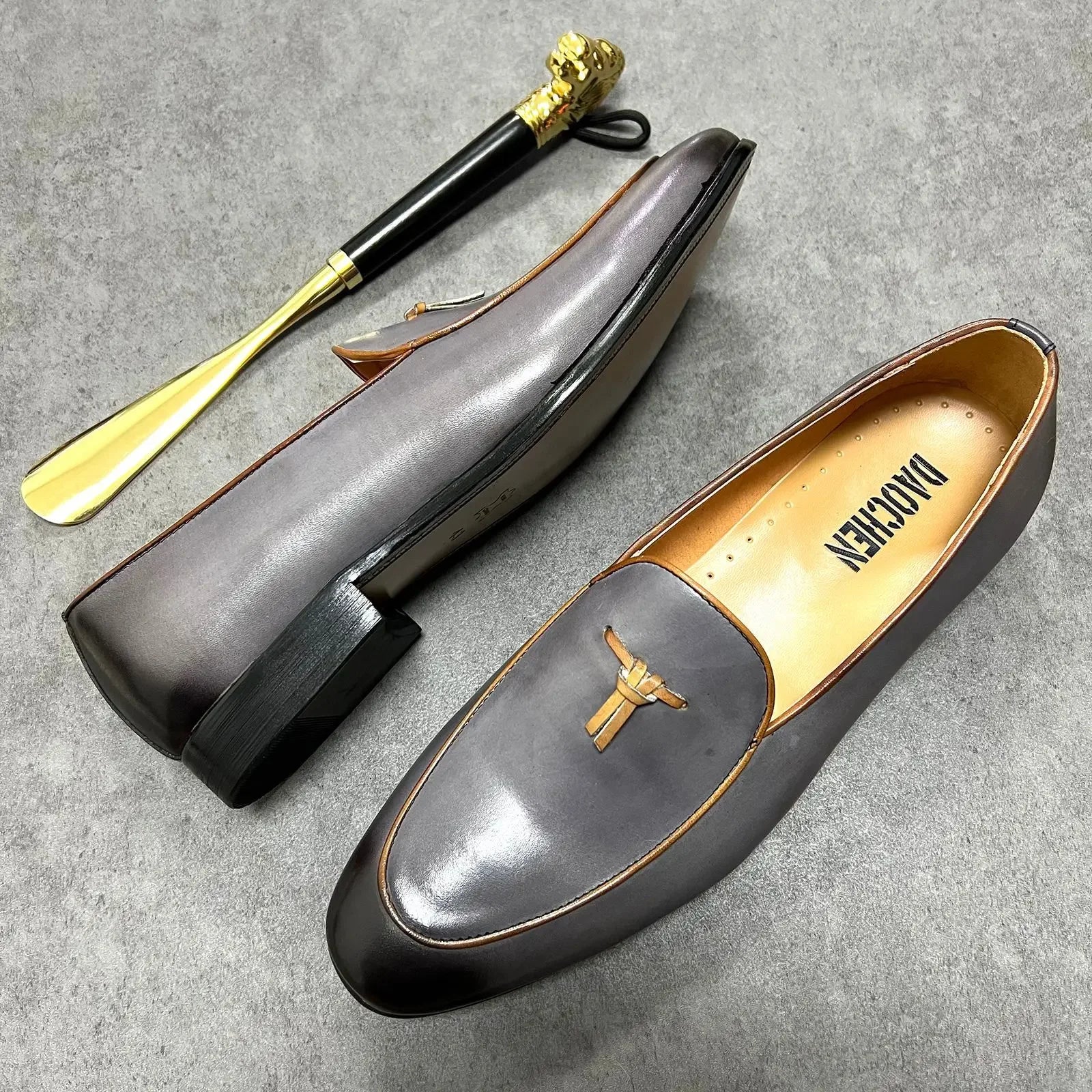 Gray Solid Tassels Genuine Leather Loafers