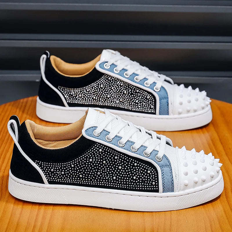 Patchwork Rhinestone Rivet Studded Sneakers