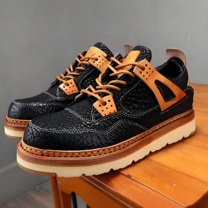 Black Leather Platform Lace-Up Sneakers