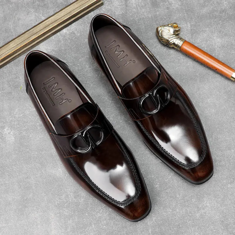 Solid Pointed Toe Genuine Leather Loafers