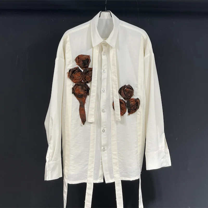 Loose Handmade Flower Linen Ribbon Shirt