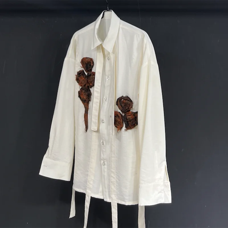 Loose Handmade Flower Linen Ribbon Shirt