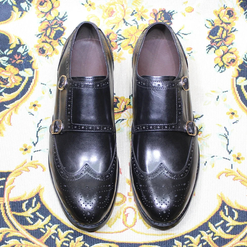 Genuine-Leather Double Buckle Monk Strap Shoes