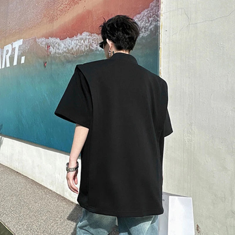 Stand Collar Solid Color Structure T-Shirt