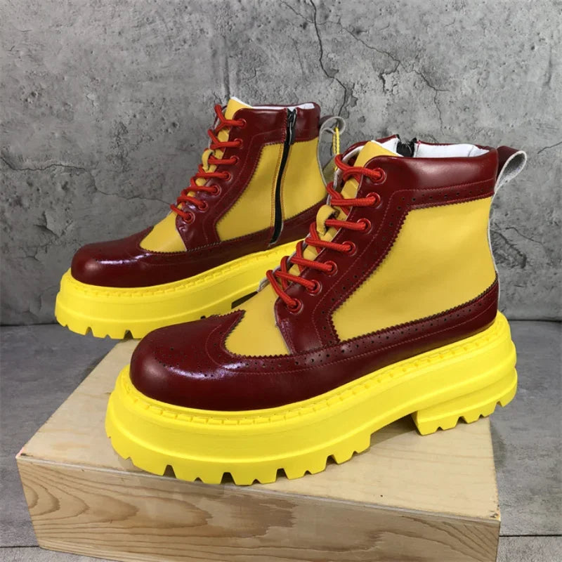 Yellow Color Block Brogue Ankle Boots