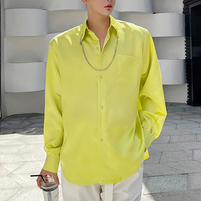 Solid Color Chain Decor On Collar Shirt