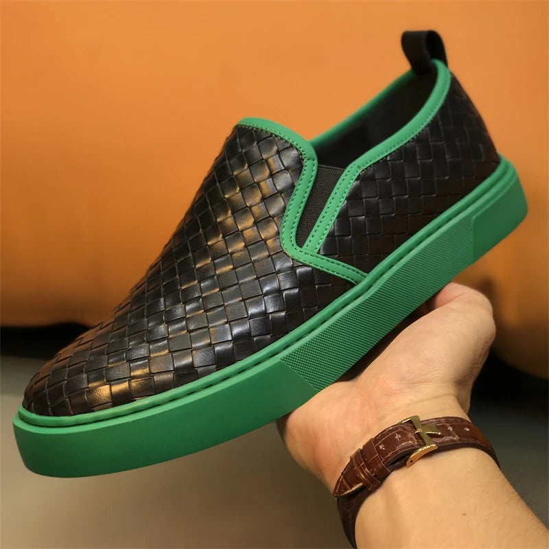 Woven Pattern Leather Flat Slip-On Shoes