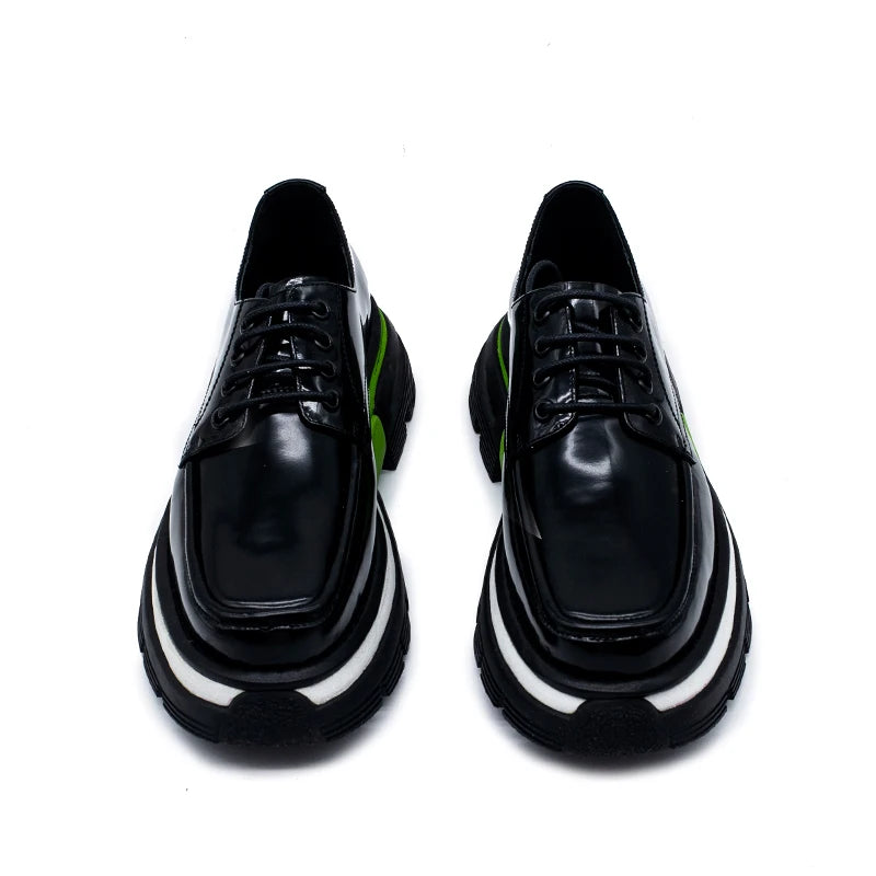 Black Green Thick Sole Leather Sneakers