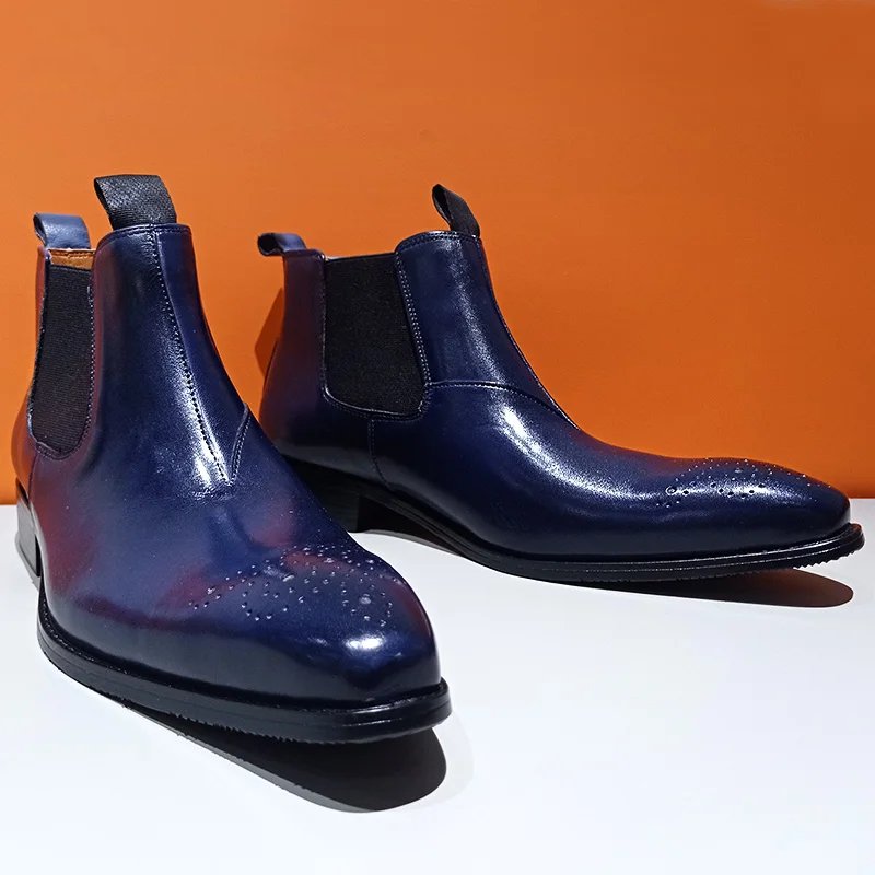 Blue Color Polishing Slip-On Chelsea Boots