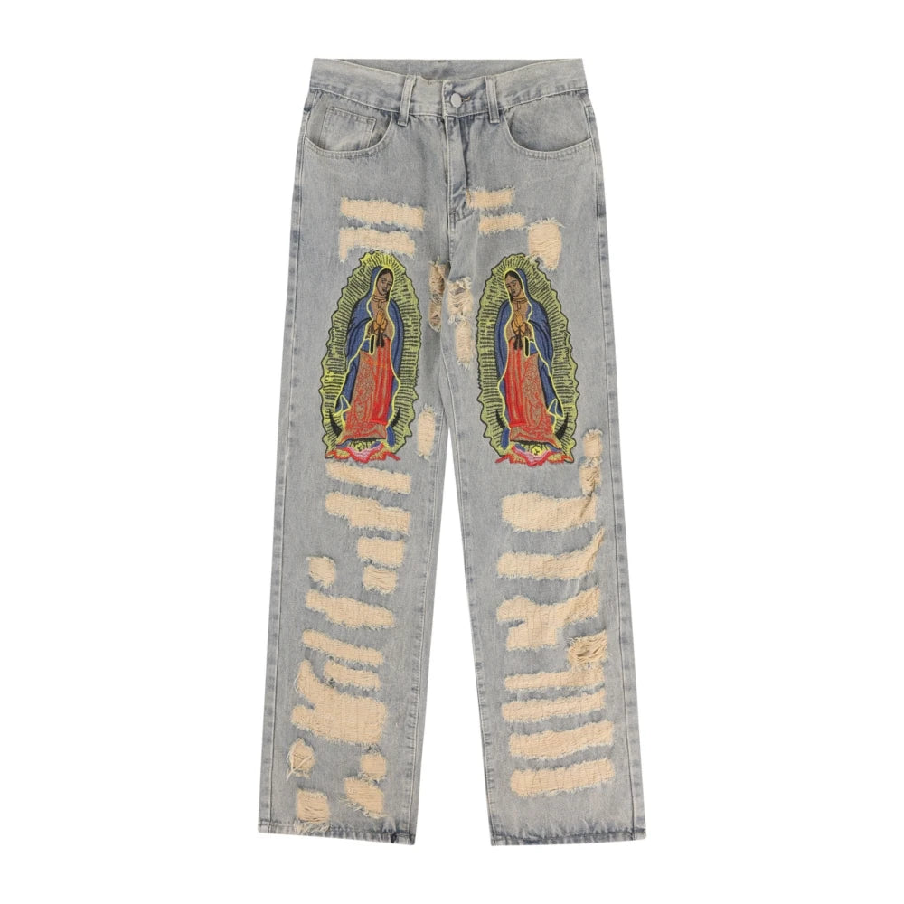 Ripped Embroidery Decoration Loose Jeans