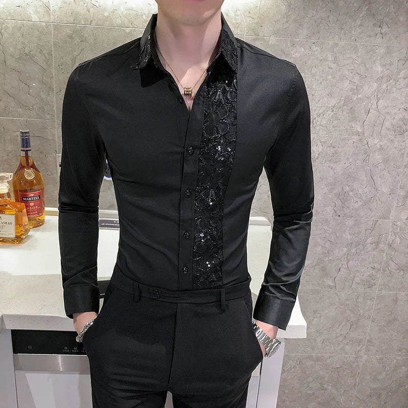 Solid Lace Sequin Slim Fit Shirt