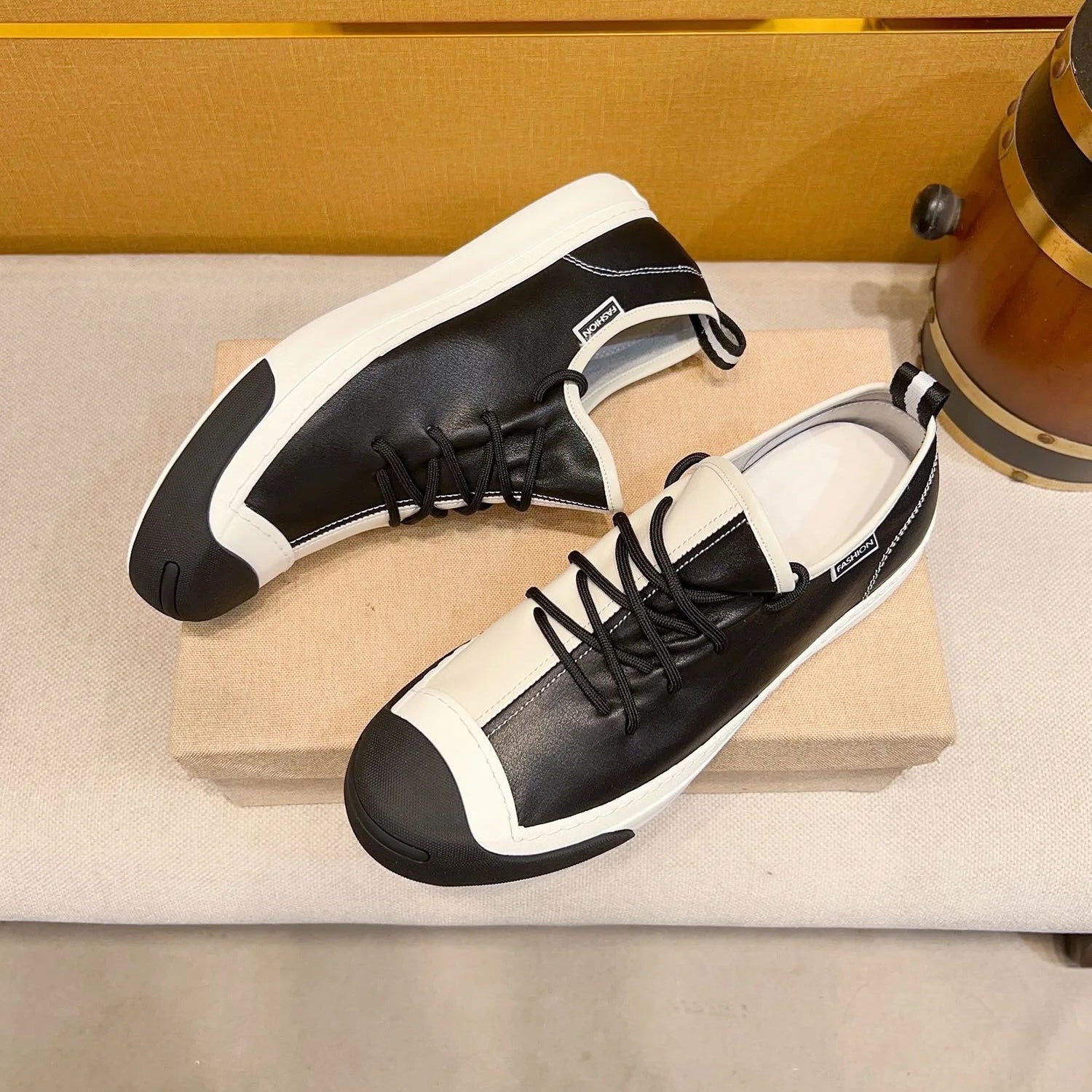 Split Color Black & White Leather Sneakers