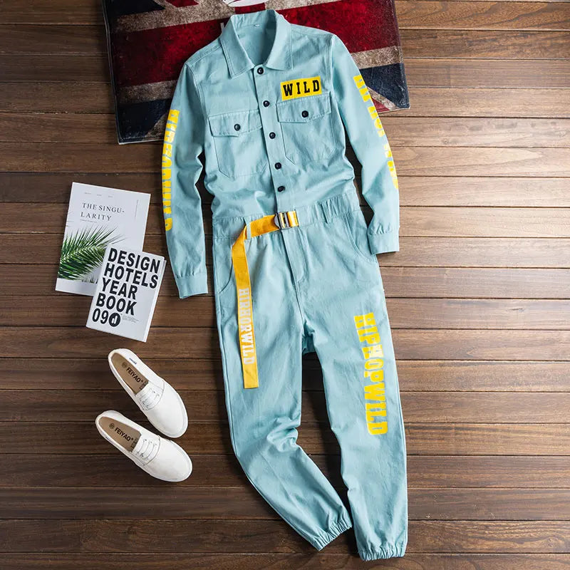 Cotton Letter Print Multi Pocket Jumpsuit