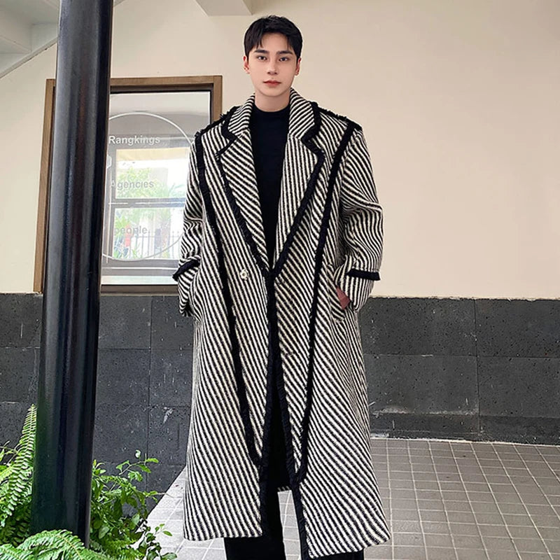 Striped Woolen Twill Lapel Coat