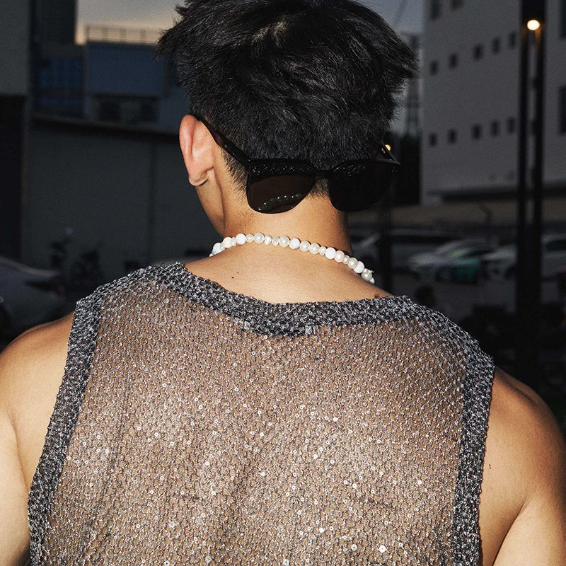 Hollowed Out Sequins O-Neck Tank Top