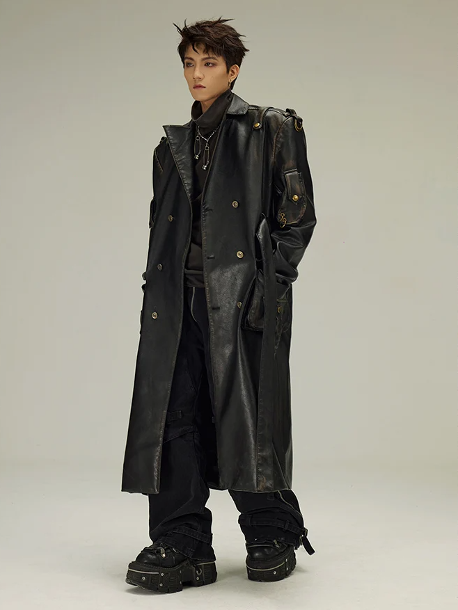 Distressed Black PU Leather Trench Coat