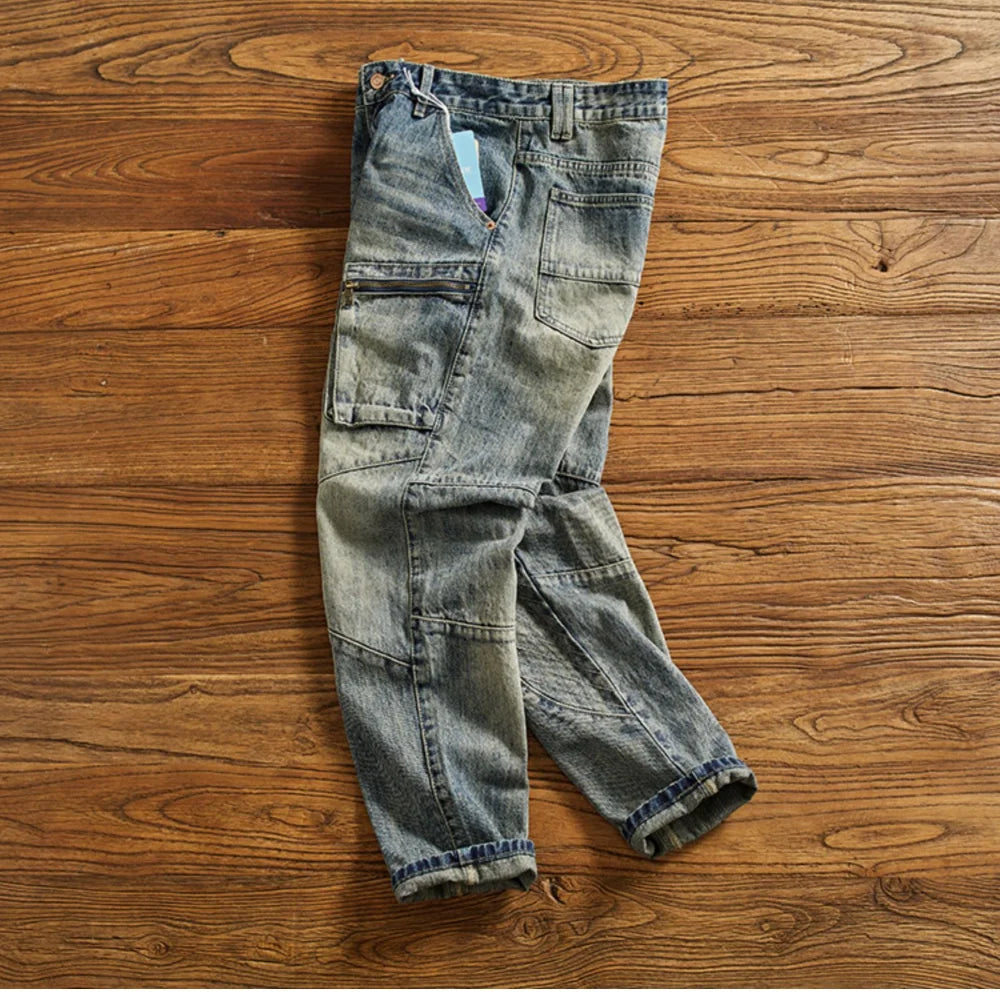 Zip Pockets Panel Stitching Denim Jeans