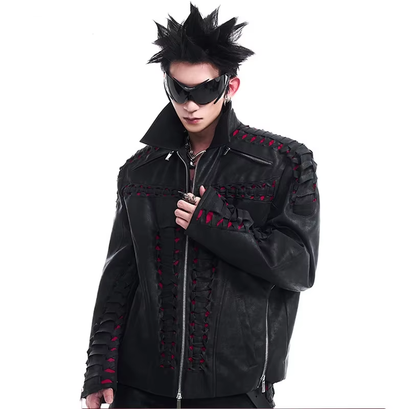 Skeleton Hollow PU Leather Jacket Set