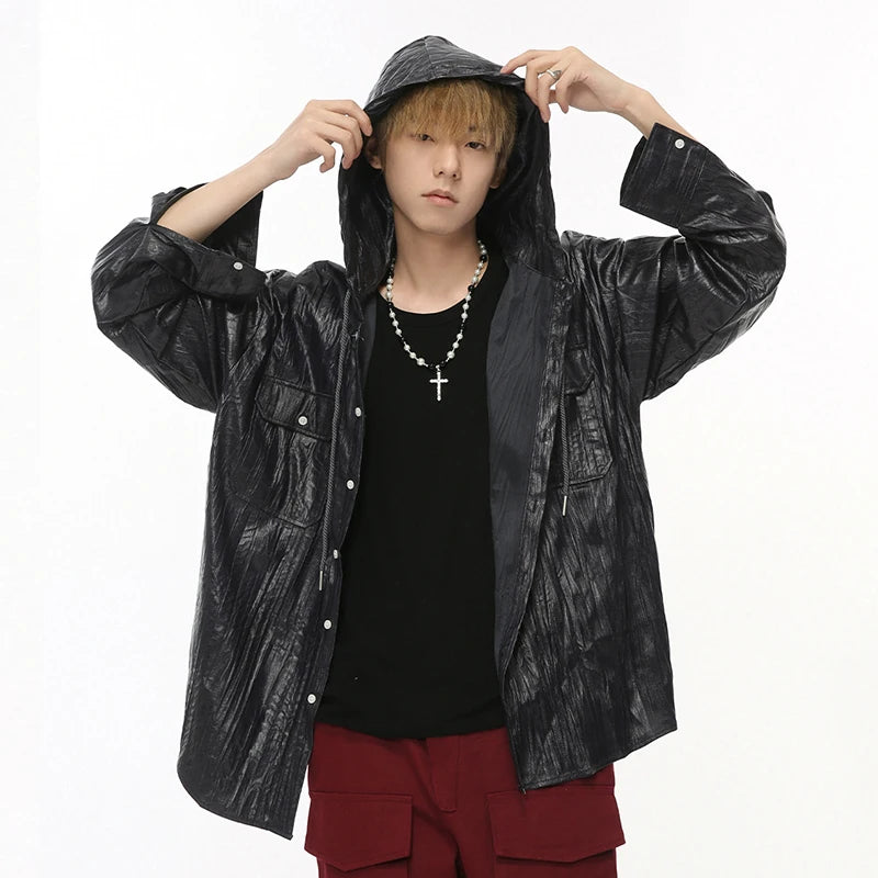 Solid Hooded Pleated Drawstring Jacket